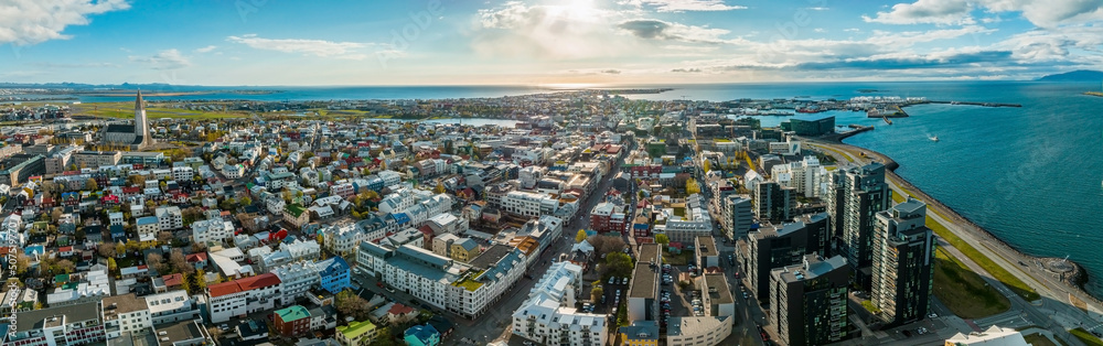 Beautiful aerial view of Reykjavik, Iceland on a sunny summer day. Panoramic view of Reykjavik Beautiful aerial view of Reykjavik, Iceland on a sunny summer day. Panoramic view of Reykjavik