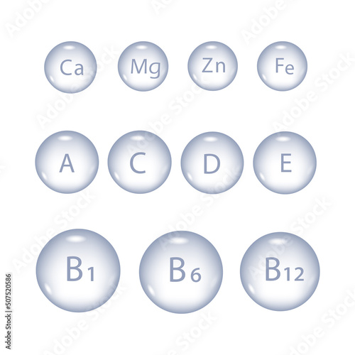 Vitamins, trace elements, minerals. Set for immunity. Energy source symbols. Medical signs for print, marketing, apps  stock vector