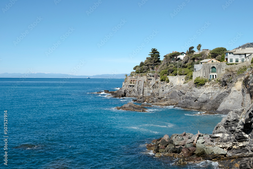 Scenic view of Bogliasco coastline, mediterranean sea, Metropolitan city of Genoa, Italy
