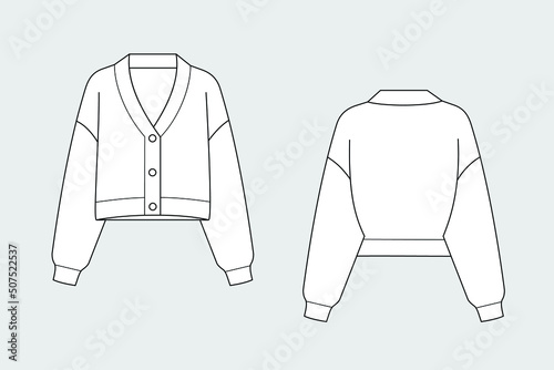 Cardigan with buttons vector template isolated on a white background. Front and back view. Outline fashion technical sketch of clothes model.
