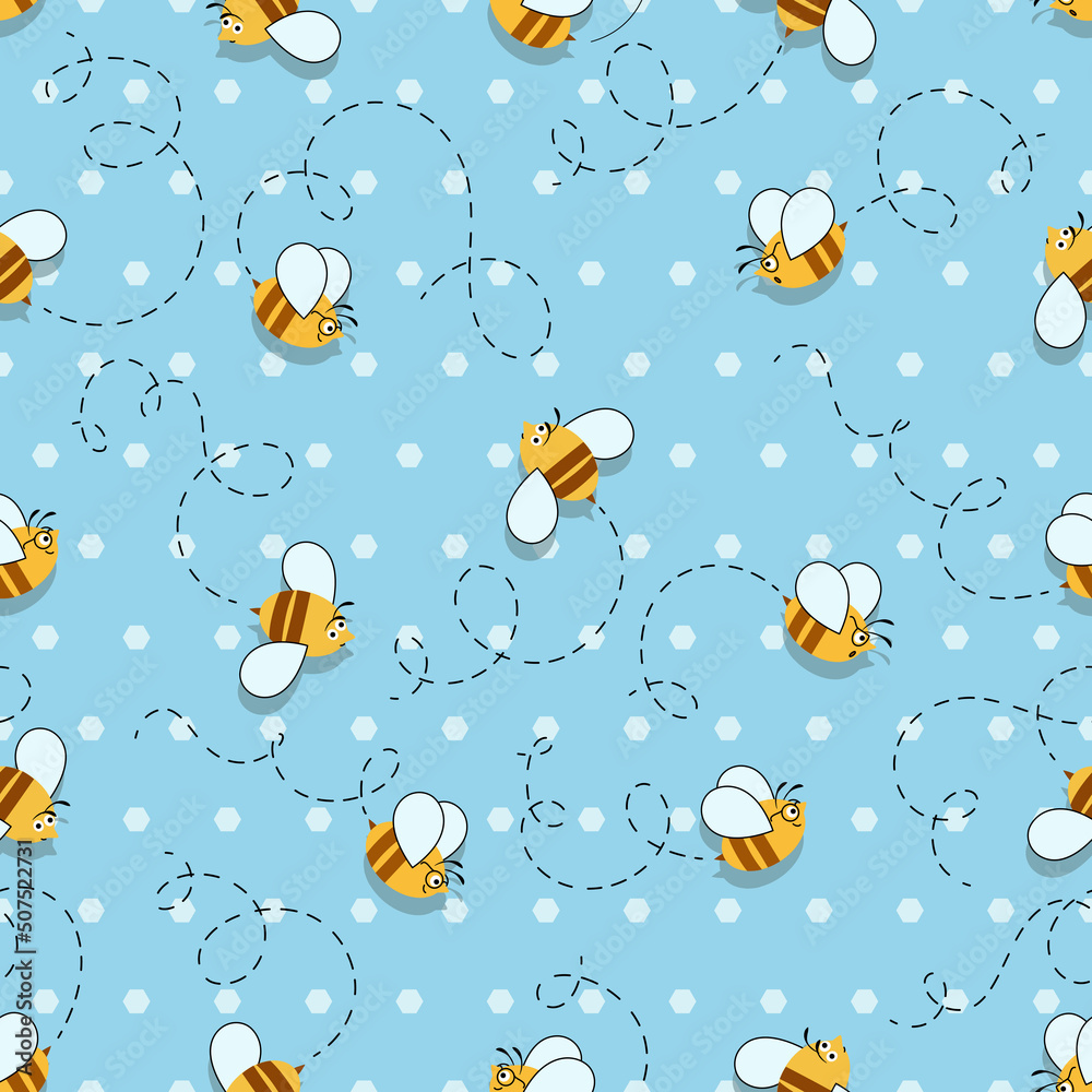 Cute bee. Cartoon background. Bee flies along a spiral route on blue ...