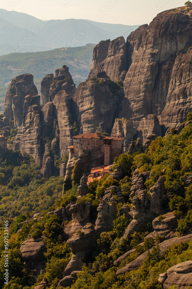 Rocks with christian orthodox monasteries in Meteora valley near Kalambaka, Thessaly, Greece