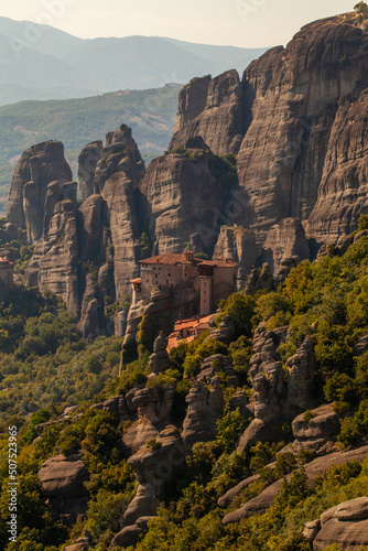 Rocks with christian orthodox monasteries in Meteora valley near Kalambaka  Thessaly  Greece