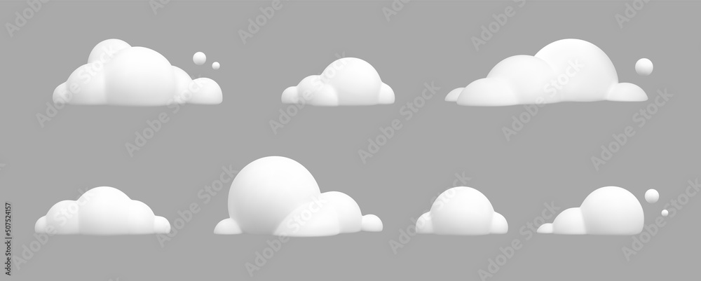 3d render set cartoon clouds on blue background. Various white cloud shapes for games, animations, web. Vector illustration - obrazy, fototapety, plakaty 