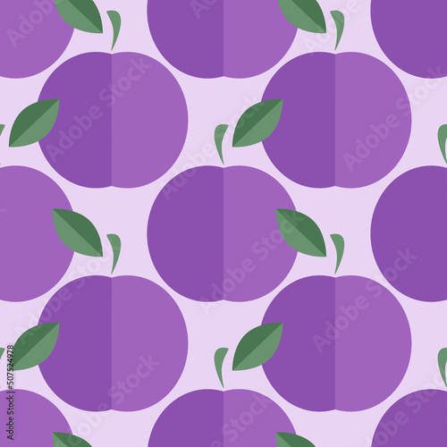 Vector seamless pattern with many large plums and stalk with small leaves on pale lilac background. Whole purple fruit. Flat decorative composition. Design element for sweet drinks packaging layout.