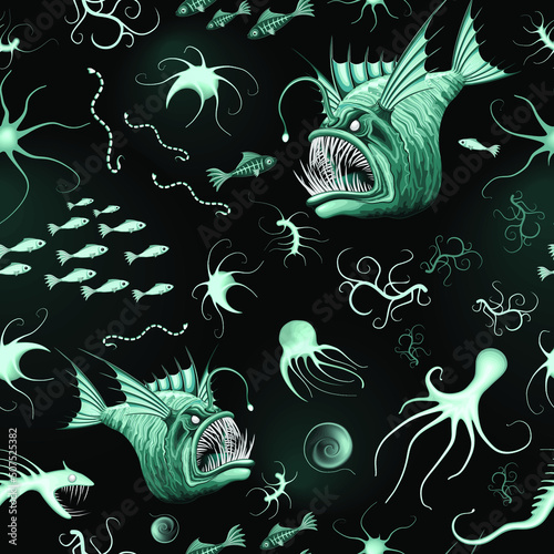 Fish Abyssal Monster and bioluminescent Sea Creatures on Deep Ocean Zone Vector Seamless Textile Patten
