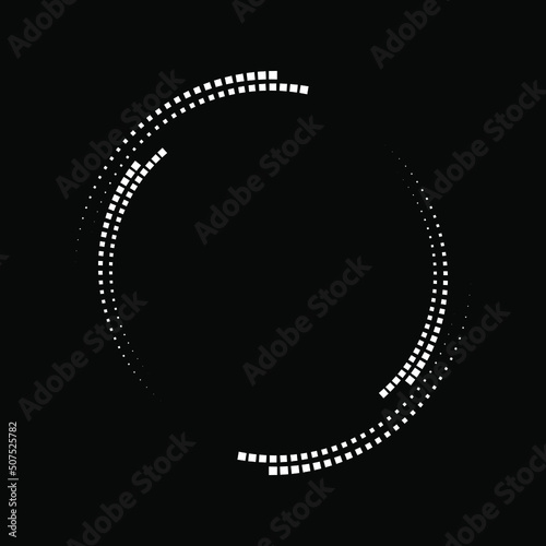 White vector dotted speed lines in round form. Halftone square dots. Geometric art. Trendy design element for frame, logo, tattoo, sign, symbol, web, prints, posters, template, pattern, background