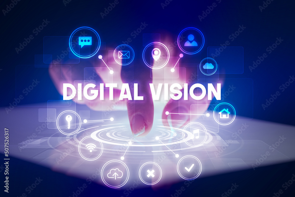 Finger touching tablet with web technology icons concept Finger touching tablet with web technology icons concept