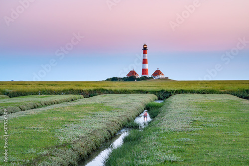 Westerheversand Lighthouse at dusk, Westerhever, Nordfriesland, Schleswig-Holstein, Germany