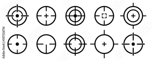 Target vector icons set. Focus or aiming. Shot on bullseye. Sight sniper. Shot on gun. Marketing success. 