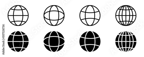 Set with black globe icons on white background. Web icon. World or earth. Internet network. WWW icon.