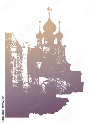 Architectural landscape, Rostov Kremlin back yard, stone porch with hipped tent roof, barrel-column arcade. Gold colored vector traced pencil drawing 