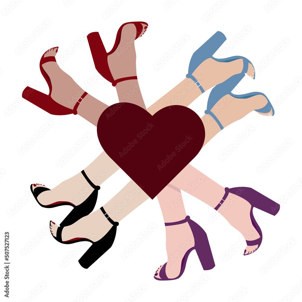 Stylish and fashionable High-heeled red shoes in walking icon with heart isolated. Flat vector illustration. Women's Shoes footwear. Fashion, style, shopping, shoe store, web, banner. Women's legs Stylish and fashionable High-heeled red shoes in walking icon with heart isolated. Flat vector illustration. Women's Shoes footwear. Fashion, style, shopping, shoe store, web, banner. Women's legs