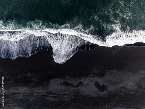 Aerial view of the Iceland coastline by the black beach. Panoramic Icelandic nature view. Sunset time.