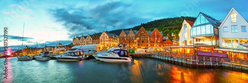 Leinwand Poster Bryggen, old wharf panorama at twilight in Bergen, Norway