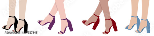 Collection Stylish and fashionable High-heeled shoes icon  isolated set. Women's legs. Flat vector illustration. Women's Shoes footwear. Fashion, style, shopping, shoe store, web, advertising, banner.