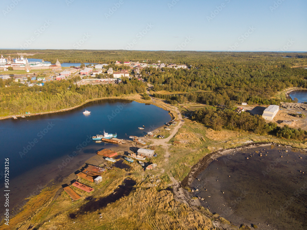 View of the village of Solovetsky and the Solovetsky Monastery. Russia, Arkhangelsk region
