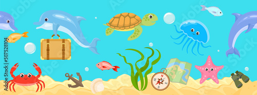 Underwater sea life seamless banner. Undersea landscape with cute dolphins, funny crab, fish, jellyfish, turtle, starfish and travel stuff. Vector cartoon illustration of ocean animals and fish.