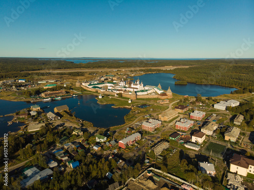 View of the village of Solovetsky and the Solovetsky Monastery. Russia, Arkhangelsk region