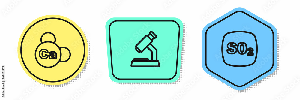 Set line Mineral Ca Calcium, Microscope and Sulfur dioxide SO2. Colored shapes. Vector