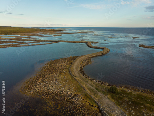 Obraz na płótnie Stone dam-road on Solovki. Road through the White Sea. Big Muksalma Island. Russia, Arkhangelsk region w salonie