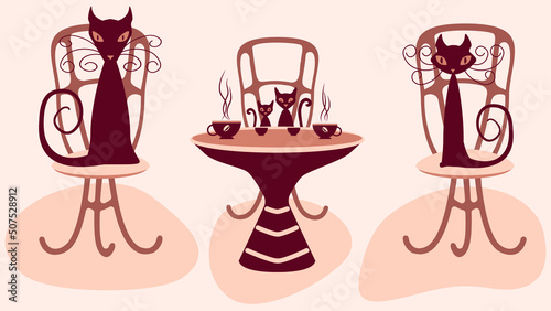 Vector Image Of A Family Of Cats At A Table, Sitting On Chairs And Drinking Tea And Coffee