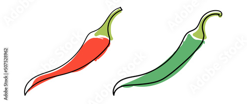 Vector set of chili peppers. Vegetable: spicy red and green chili peppers.