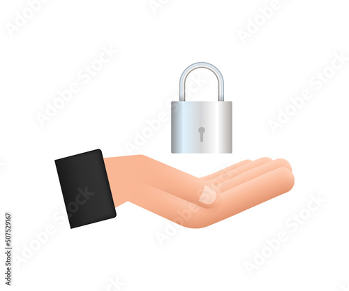 Locked realistic padlock in hands. Security Concept. Metal Lock For Safety And Privacy.