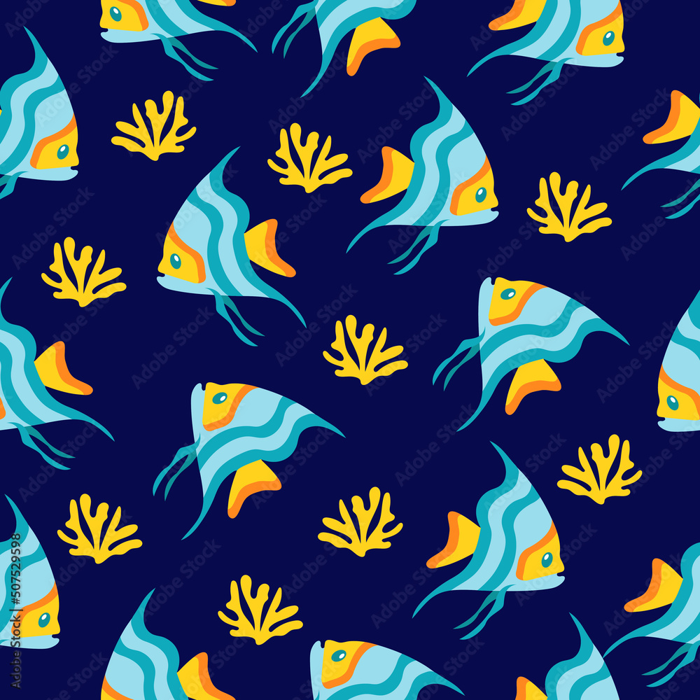 Seamless pattern with cute cartoon exotic fish and coral.