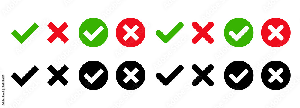 Green check mark, red cross mark icon set. Check mark and cross icons ...