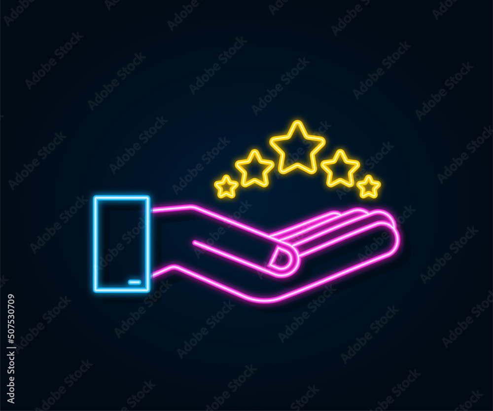 Neon five golden rating star in hands on dark background. Vector stock illustration. Neon five golden rating star in hands on dark background. Vector stock illustration.