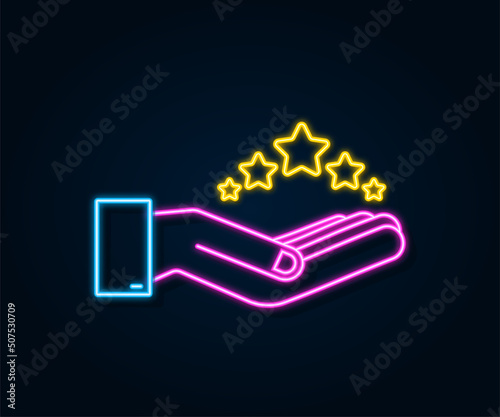 Neon five golden rating star in hands on dark background. Vector stock illustration.
