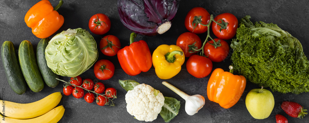 Frame of organic food. Fresh raw vegetables and fruits. Healthy food ...
