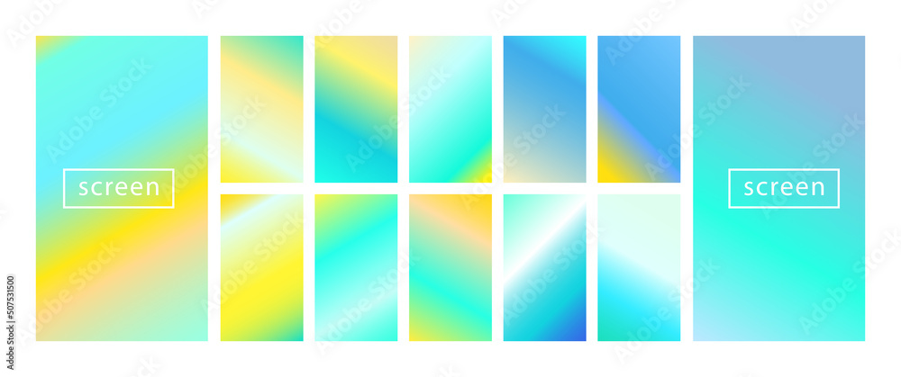 Mobile screen lock display collection of colorful backgrounds in trendy neon colors. Modern screen vector design for mobile app. Soft color abstract pastel holographic gradients. Swatches for design