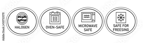 Icons: halogen , microwave safe,safe for freesing, oven-safe . Induction purpose for stoves and ovens. To indicate the surface of the dishes. Vector illustration isolated on white background