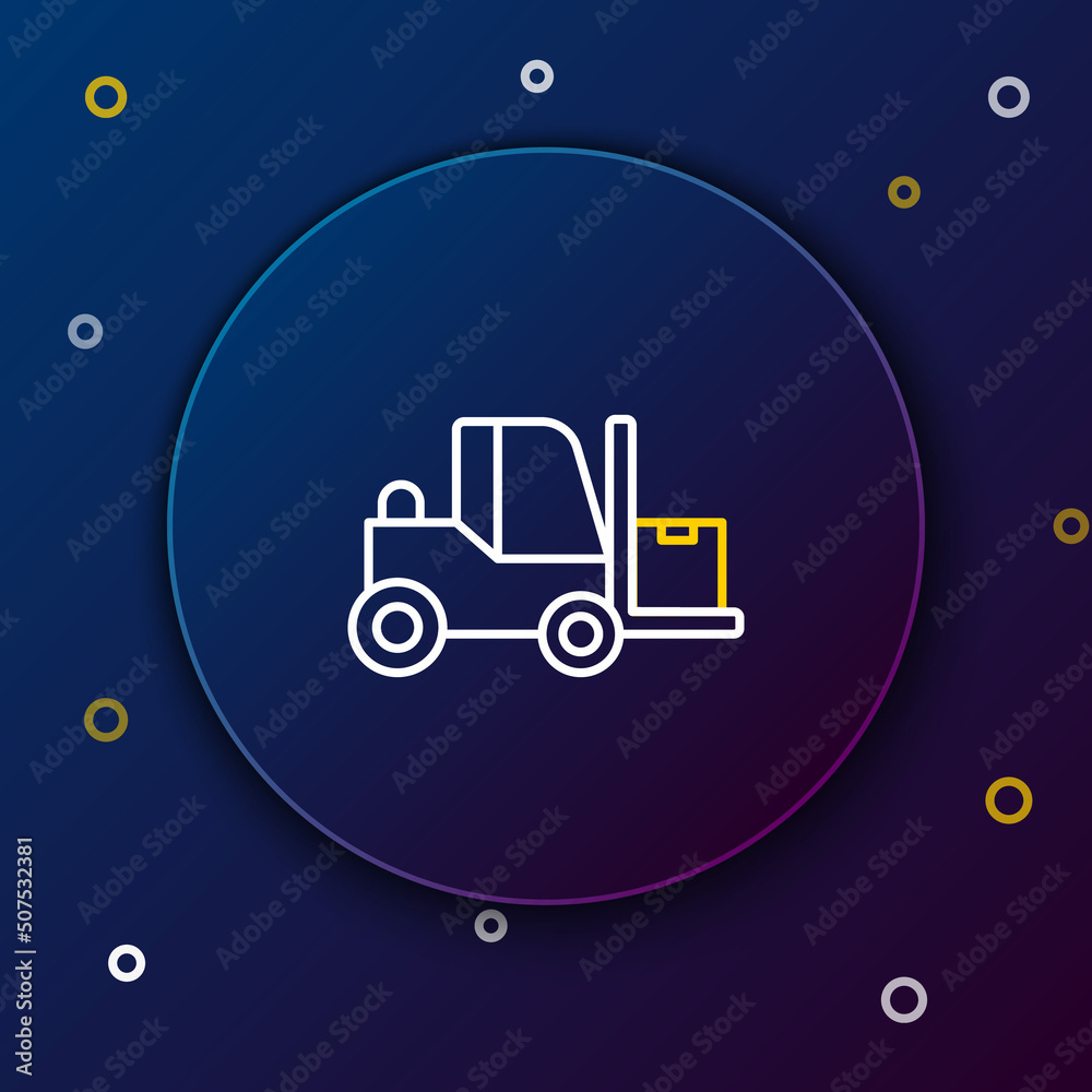 Line Forklift truck icon isolated on blue background. Fork loader and cardboard box. Cargo delivery, shipping, transportation. Colorful outline concept. Vector Line Forklift truck icon isolated on blue background. Fork loader and cardboard box. Cargo delivery, shipping, transportation. Colorful outline concept. Vector