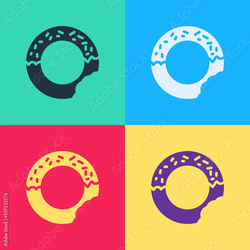 Pop art Donut with sweet glaze icon isolated on color background. Vector