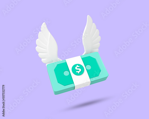 Flying money 3D icon. Flying cash symbol. Flying dollar with wings. Money with wings. cash with wings. Cash bundle 3D Flying stack of money on purple background. 3D Rendered Illustration.