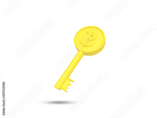 Bitcoin Golden key 3D icon. A gold key with bitcoin sign. Concept of financial success. 3D rendered illustration.