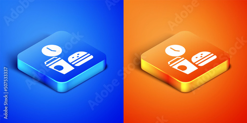 Isometric Fast food time icon isolated on blue and orange background. Square button. Vector