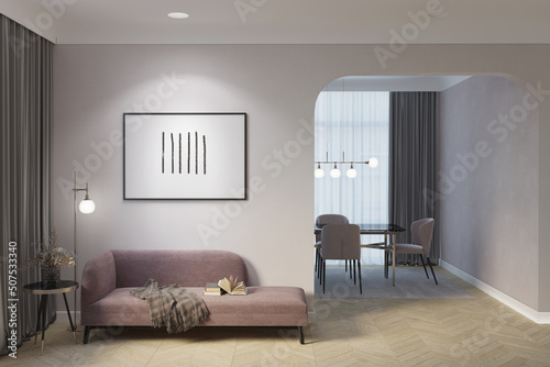 A cozy room with a backlit horizontal poster over a pink couch  a floor lamp and flowers in a vase on a coffee table next to the gray curtains  and an arch overlooking the dining room. 3d render