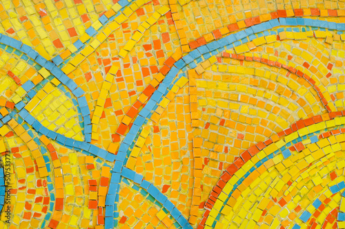 Mosaic in Ukraine color with motifs of the elements. A fragment of authentic Bulgarian smalt decor.	
