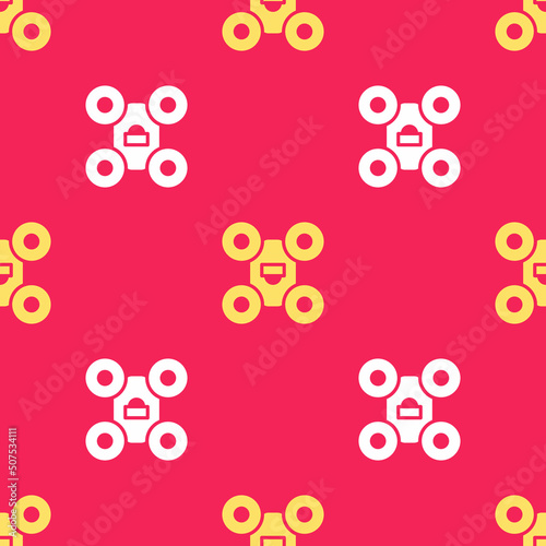 Fototapeta Naklejka Na Ścianę i Meble -  Yellow Drone flying icon isolated seamless pattern on red background. Quadrocopter with video and photo camera symbol. Vector