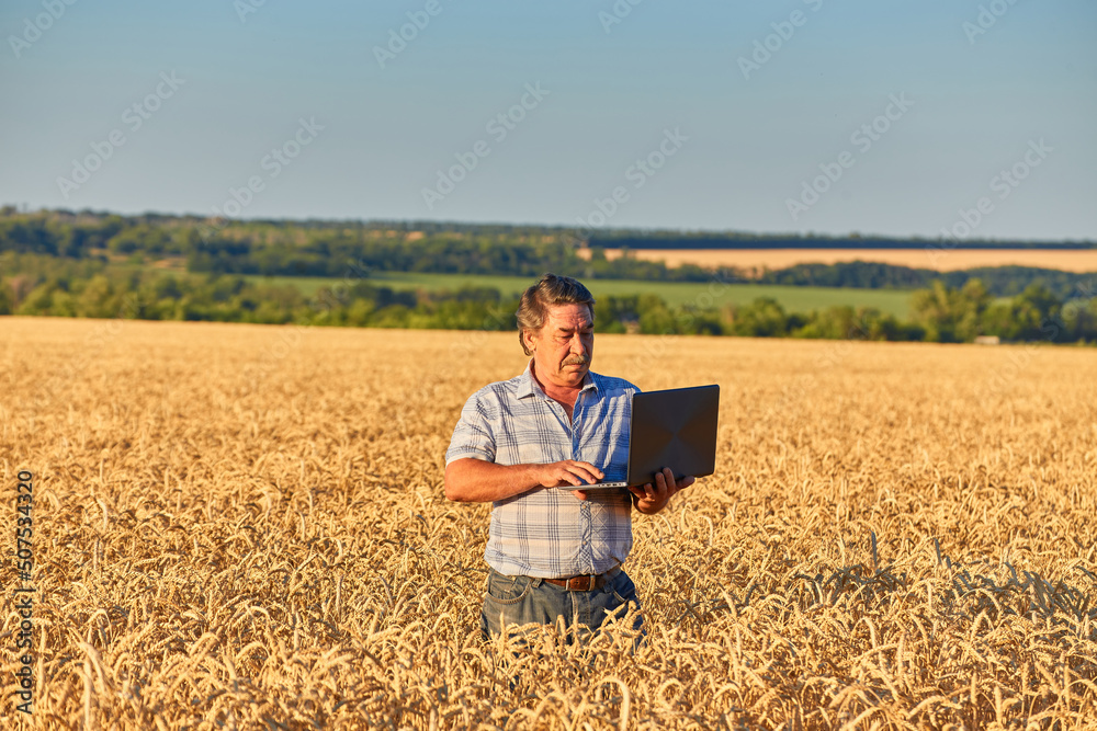 Portrait shot from a side on the caucasian farmer taping and typing on the laptop computer while being in the middle of the field. Portrait shot from a side on the caucasian farmer taping and typing on the laptop computer while being in the middle of the field.