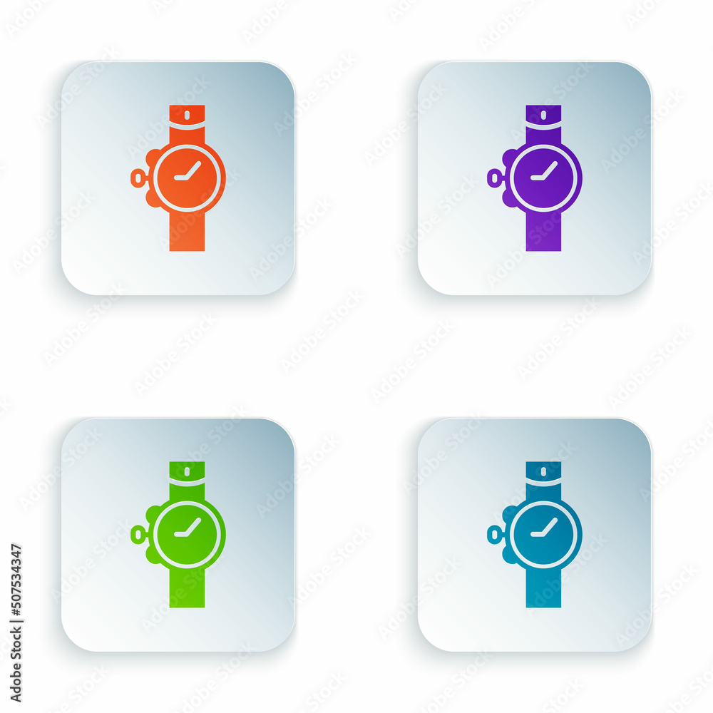 Color Wrist watch icon isolated on white background. Wristwatch icon. Set colorful icons in square buttons. Vector Color Wrist watch icon isolated on white background. Wristwatch icon. Set colorful icons in square buttons. Vector