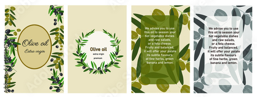 Olive oil label. Vector hand drawn illustration of olive branches. Templates for olive oil packaging design. Best quality extra virgin olive oil trade mark bottle. Description oil product.