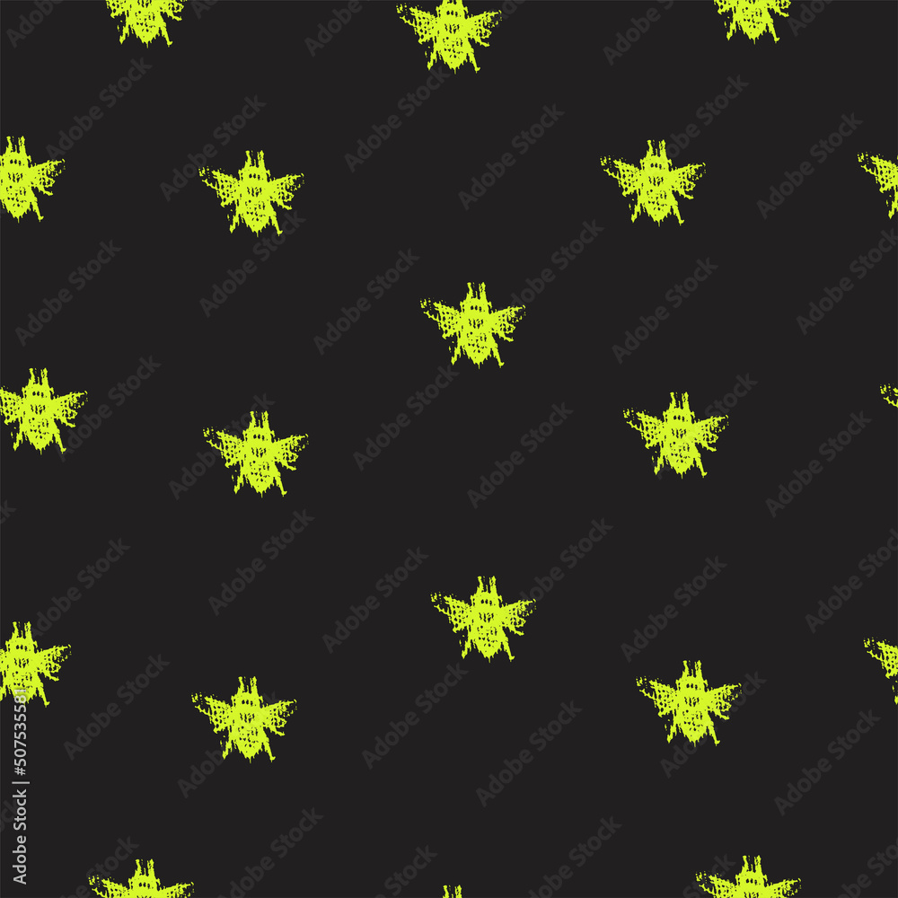 Seamless pattern on black background with yellow bees, abstract illustration, vector Seamless pattern on black background with yellow bees, abstract illustration, vector