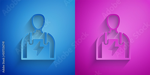 Paper cut Car mechanic icon isolated on blue and purple background. Car repair and service. Paper art style. Vector