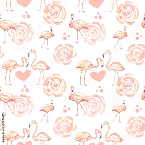 Tropical seamless pattern with flamingos and flowers.Watercolor  illustration photo