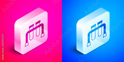 Isometric Test tube and flask chemical laboratory test icon isolated on pink and blue background. Laboratory glassware sign. Silver square button. Vector
